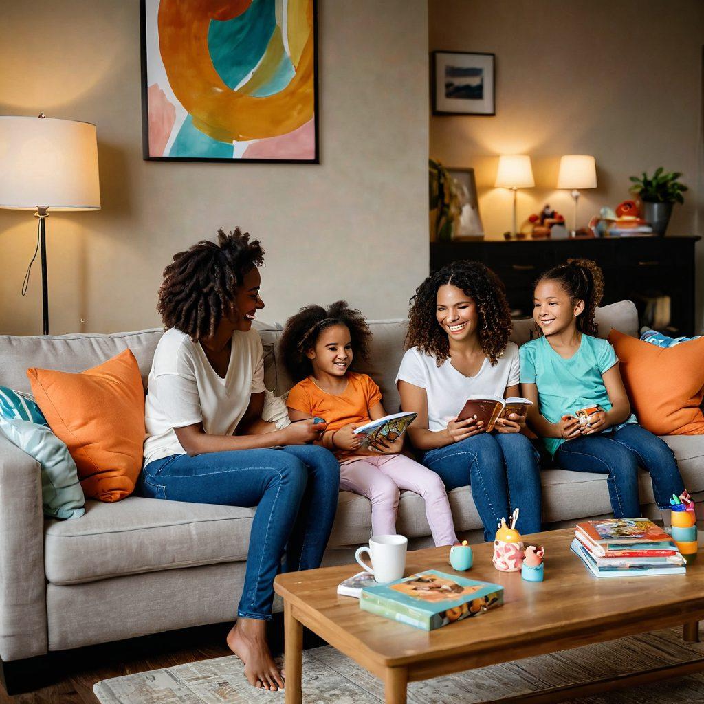 A warm and inviting living room scene showcasing a modern mom engaging with her children while watching a family show on a cozy sofa. The space is filled with playful decor, colorful toys, and a coffee table with parenting books and snacks. A soft glow from a lamp adds to the serene atmosphere, symbolizing empowerment and connection. The mom is laughing with her kids, embodying joy and togetherness. vibrant colors. cozy style.