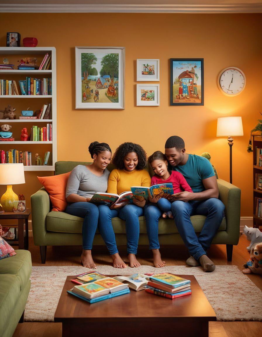 A warm, inviting scene of a diverse family gathered together in a cozy living room, engaging in various parenting activities, with colorful books, toys, and a TV showing a family-friendly entertainment show. The atmosphere is filled with love and laughter, symbolizing the bond between parents and children. Soft lighting enhances the comforting vibe. artistic style, vibrant colors, super-realistic.