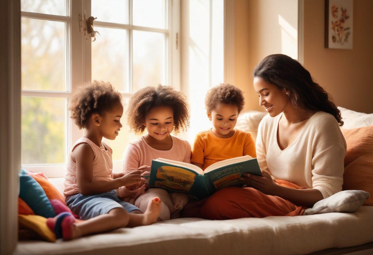 A cozy scene of an empowered mother reading a book surrounded by her children, showcasing a blend of warmth and joy. Elements like colorful toys, a nurturing ambiance, and inspirational quotes on the wall add depth. The children are engaging in playful activities, illustrating the joy of parenting. Soft sunlight filters through a window, enhancing the mood of tranquility. warm colors. soft focus. painting.